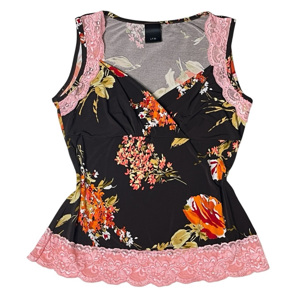 Y2K j.t.b. Floral Print Lace Trim Mock Wrap V Neck Top L Pink Brown Boho Spring - Picture 15 of 15